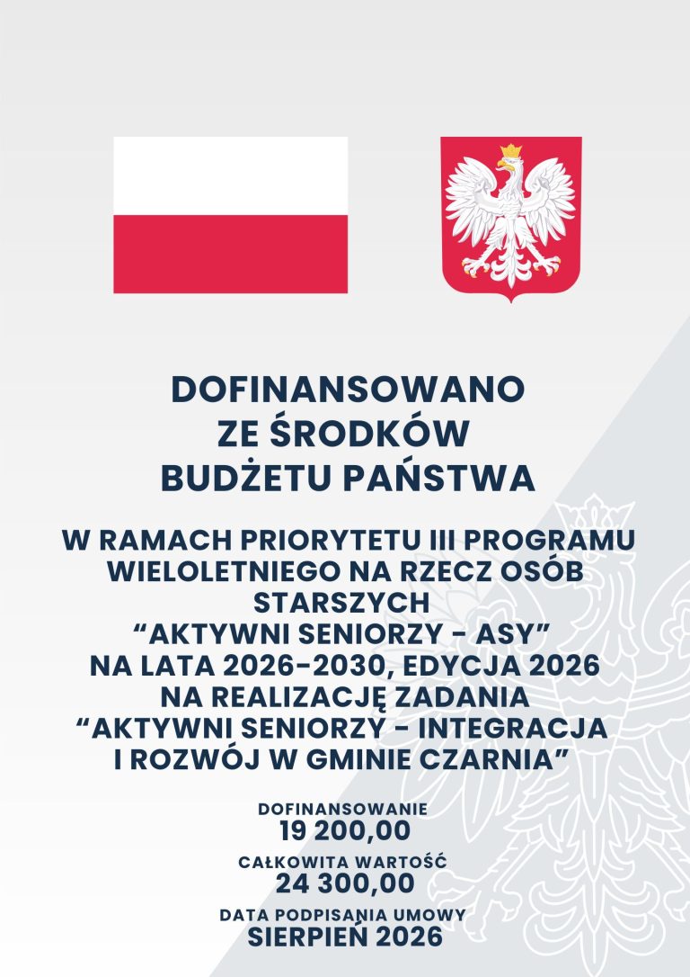 Dofinansowanie projektu "Aktywni Seniorzy" w gminie Czarnia na lata 2026-2030, podpisane w sierpniu 2026.